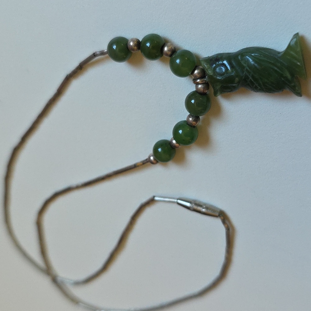 Carved Owl Sterling Silver Green Pendant Necklace - Picture 7 of 11
